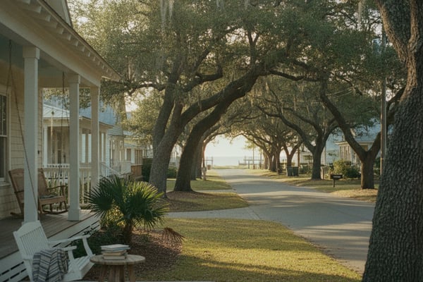 Tree-lined residential street with white cottage, porch seating, and water view in distance