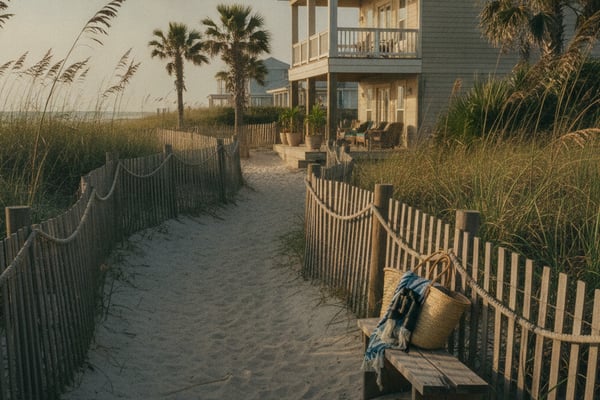 Elevated beach house with metal roof and wraparound deck, accessed by wooden boardwalk through dunes and sea oats.