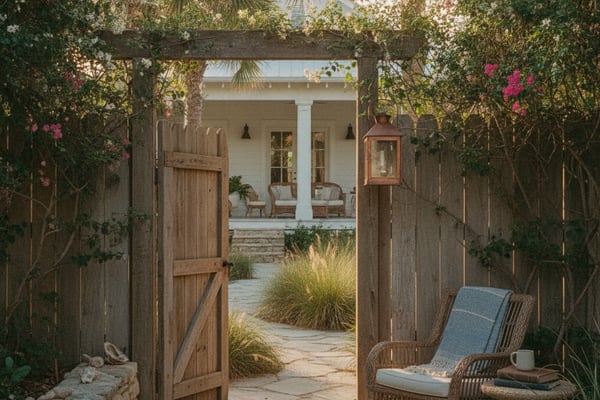 Wooden gate opening to courtyard with wicker chair, flowering vines, palm trees, and white cottage with porch beyond