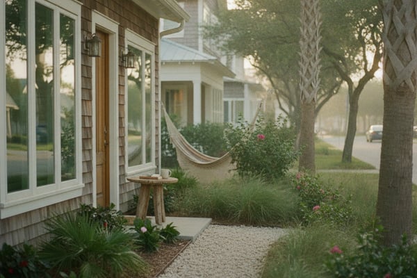 Shingle-sided house with gravel pathway, lush landscaping, palm trees, and hammock strung between trees