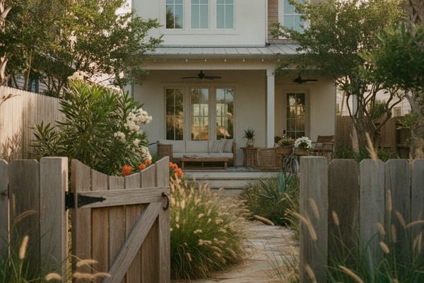 White two-story house with arched windows, brick chimney, and covered porch, viewed through wooden gate with landscaped garden and palm trees.