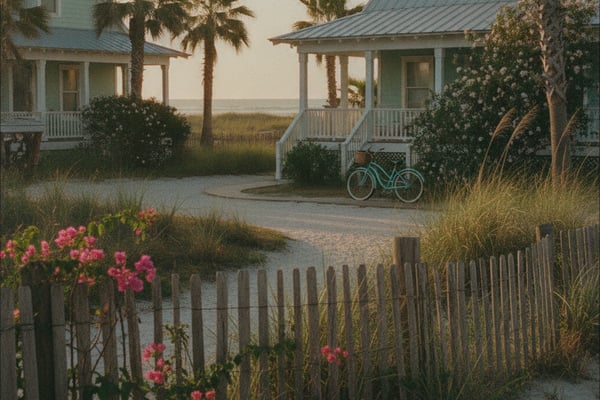 Coastal beach cottages with metal roofs, white porches, and palm trees; turquoise bicycle parked nearby, pink flowers and wooden fence in foreground.