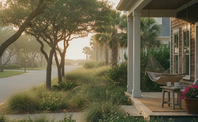 Modern coastal home with covered porch, hammock, and landscaped garden overlooking water and oak trees